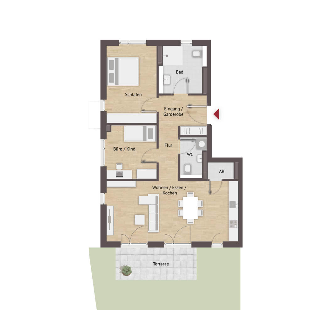 Heusteg 11 – Wohnung 1 | Grundriss 3-Zimmer-Wohnung mit Terrasse & Garten | Immobilie in Erlangen kaufen von BAUWERKE – Liebe & Partner